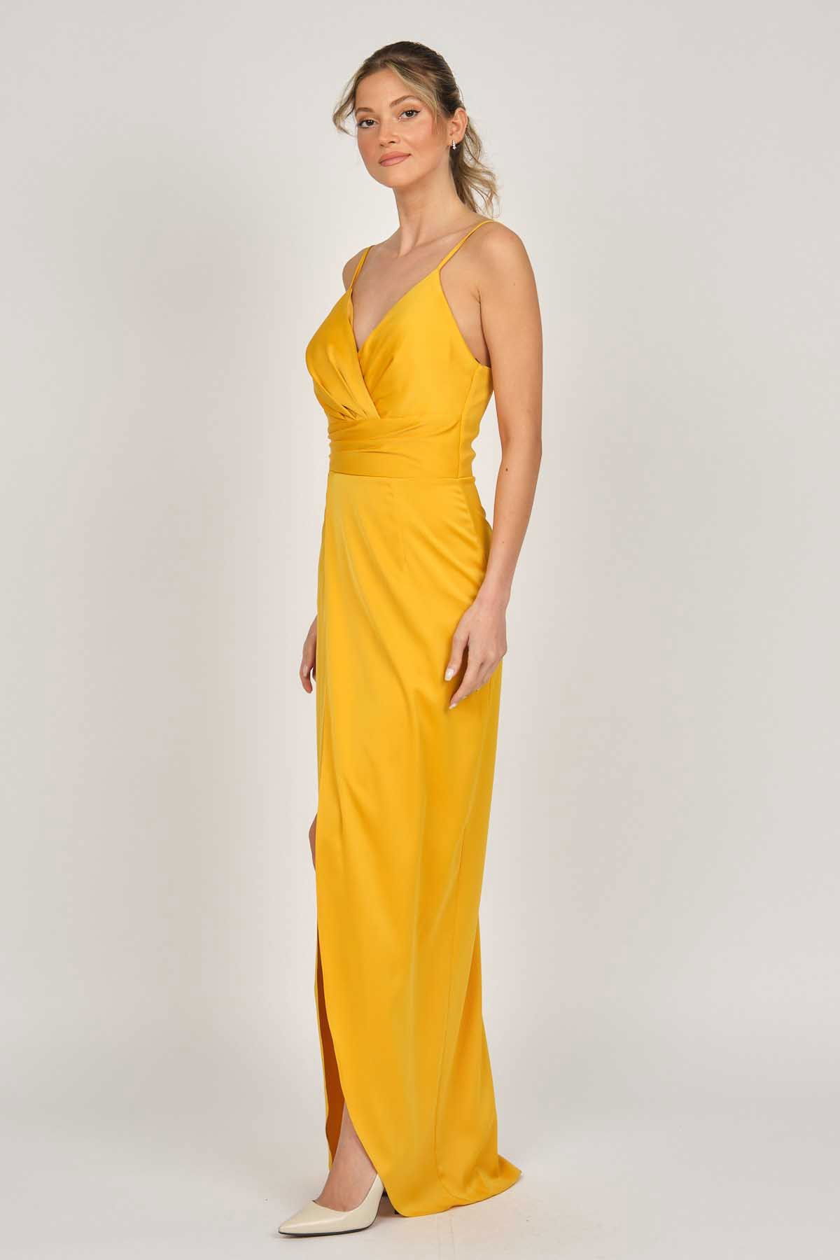 Doridorca Kadın Saten Uzun Abiye Elbise 5929211 Hardal - 6