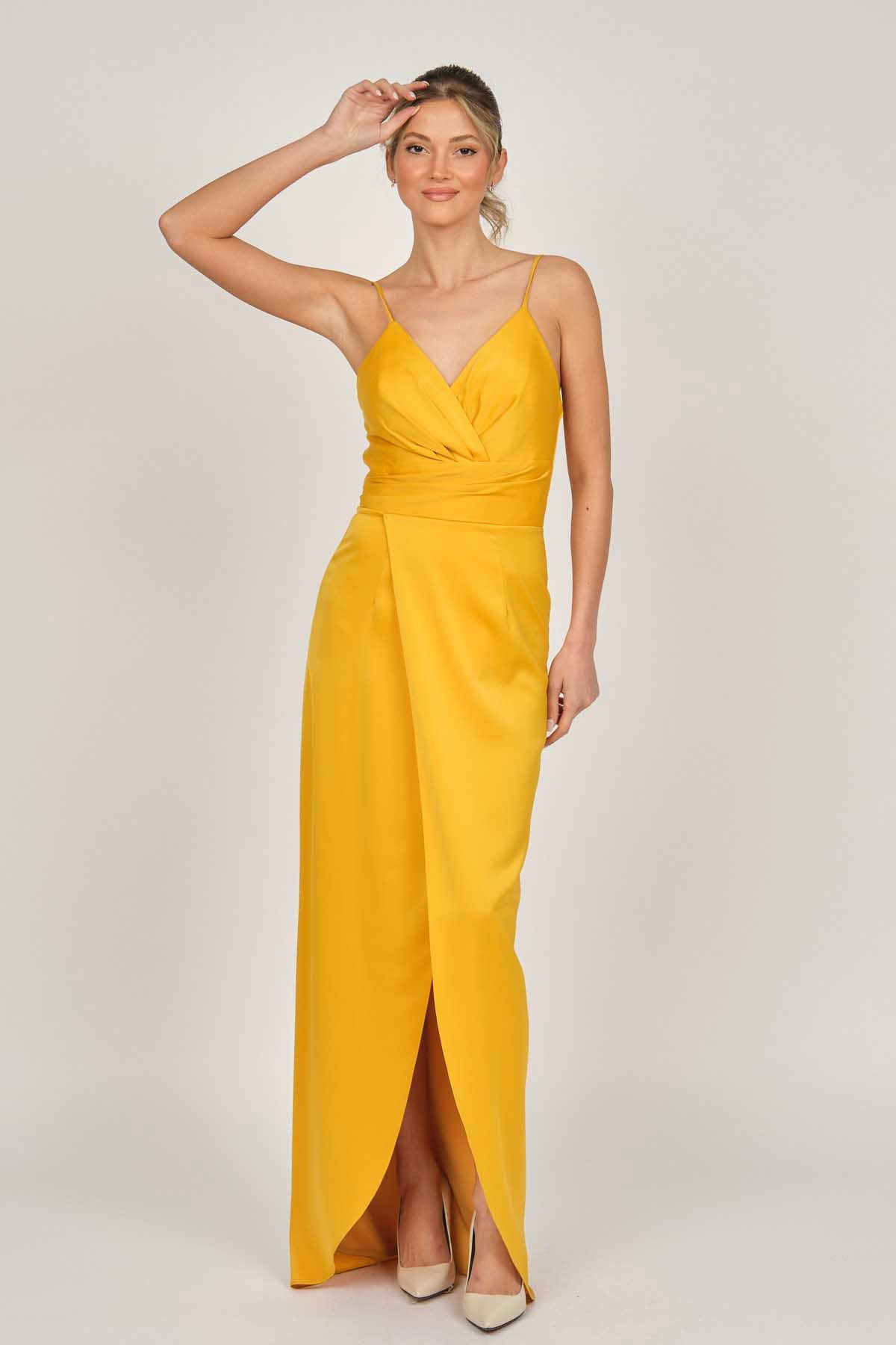 Doridorca Kadın Saten Uzun Abiye Elbise 5929211 Hardal - 7