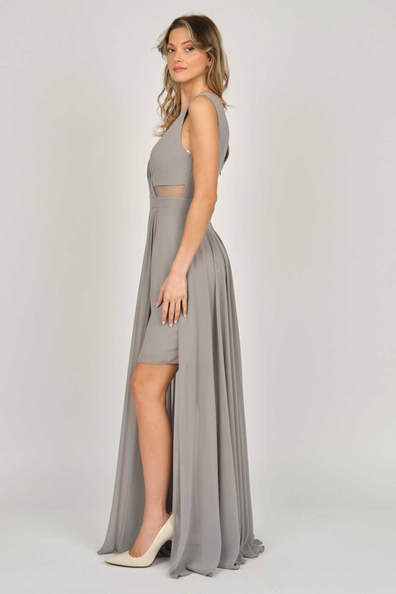 Doridorca Kadın Şifon Uzun Abiye Elbise 5929105 Gri - 4
