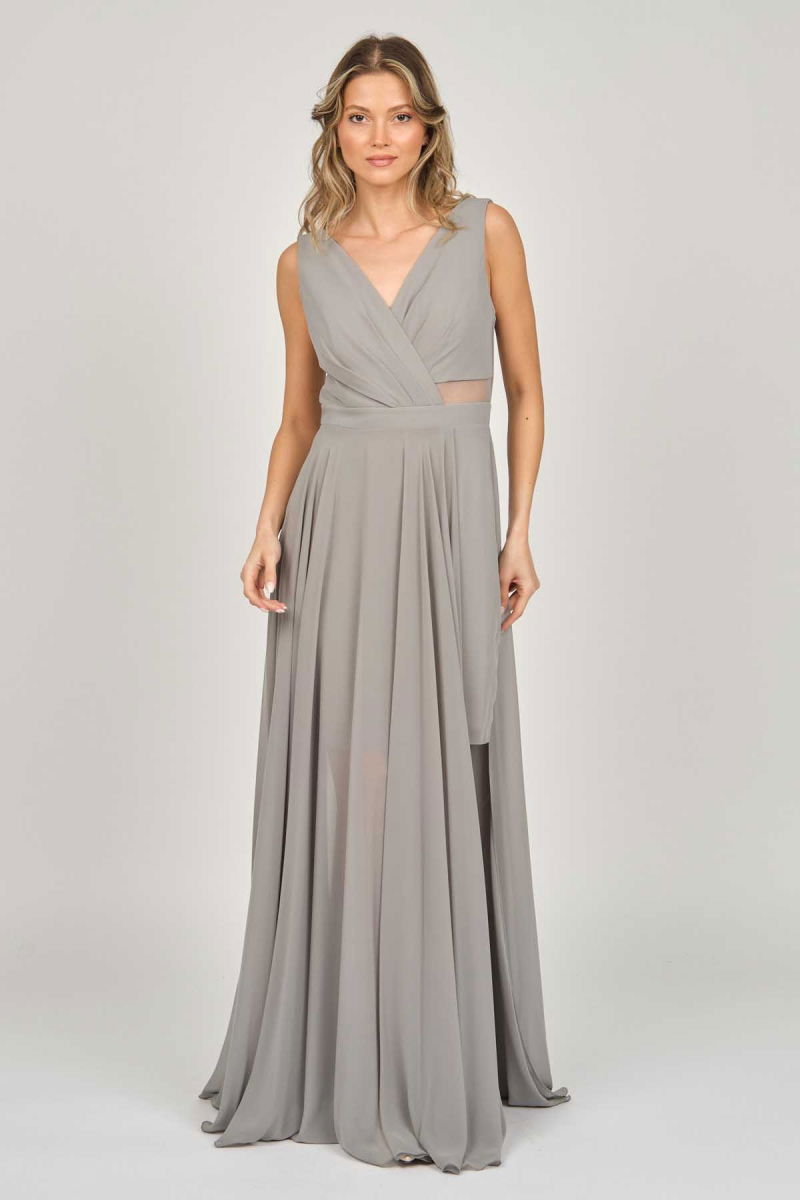 Doridorca Kadın Şifon Uzun Abiye Elbise 5929105 Gri - 6