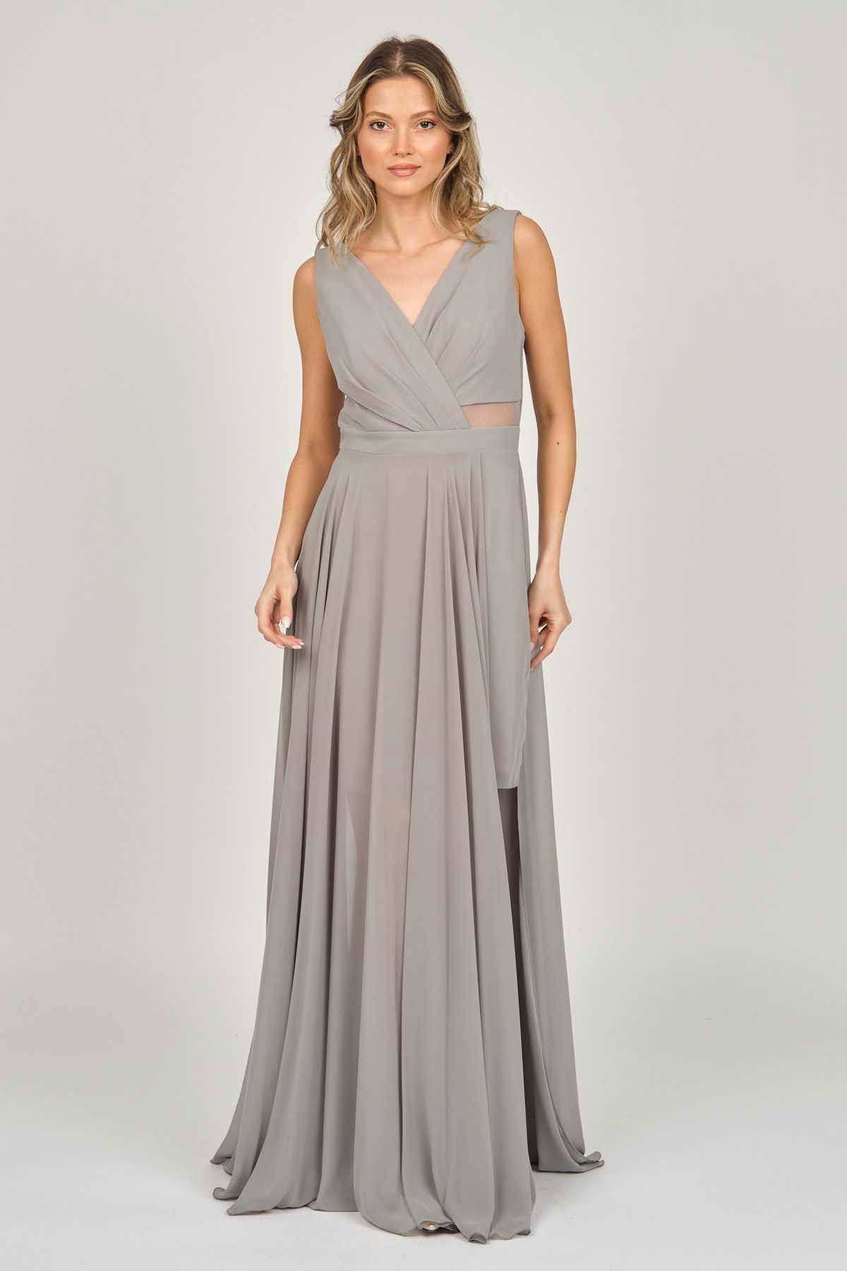 Doridorca Kadın Şifon Uzun Abiye Elbise 5929105 Gri - 6