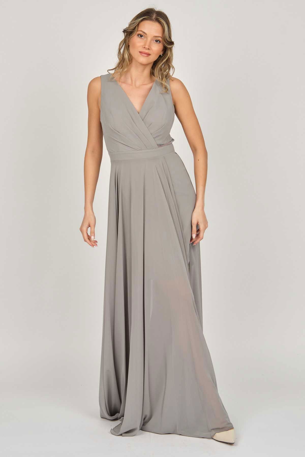 Doridorca Kadın Şifon Uzun Abiye Elbise 5929105 Gri - 7