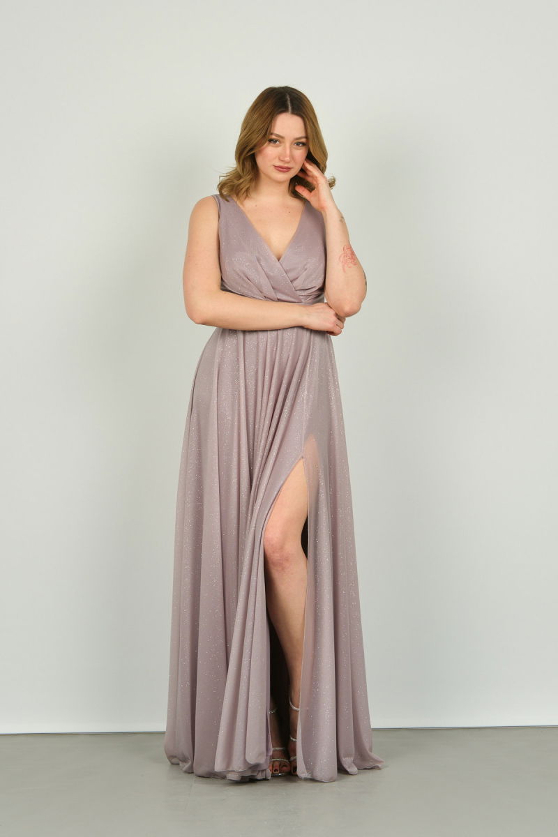 Doridorca Kadın Sırt Bağlama Detaylı Simli Uzun Abiye Elbise 1182 Vizon - Doridorca