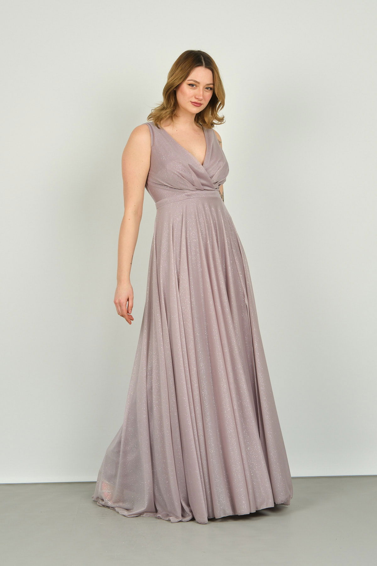 Doridorca Kadın Sırt Bağlama Detaylı Simli Uzun Abiye Elbise 1182 Vizon - 2