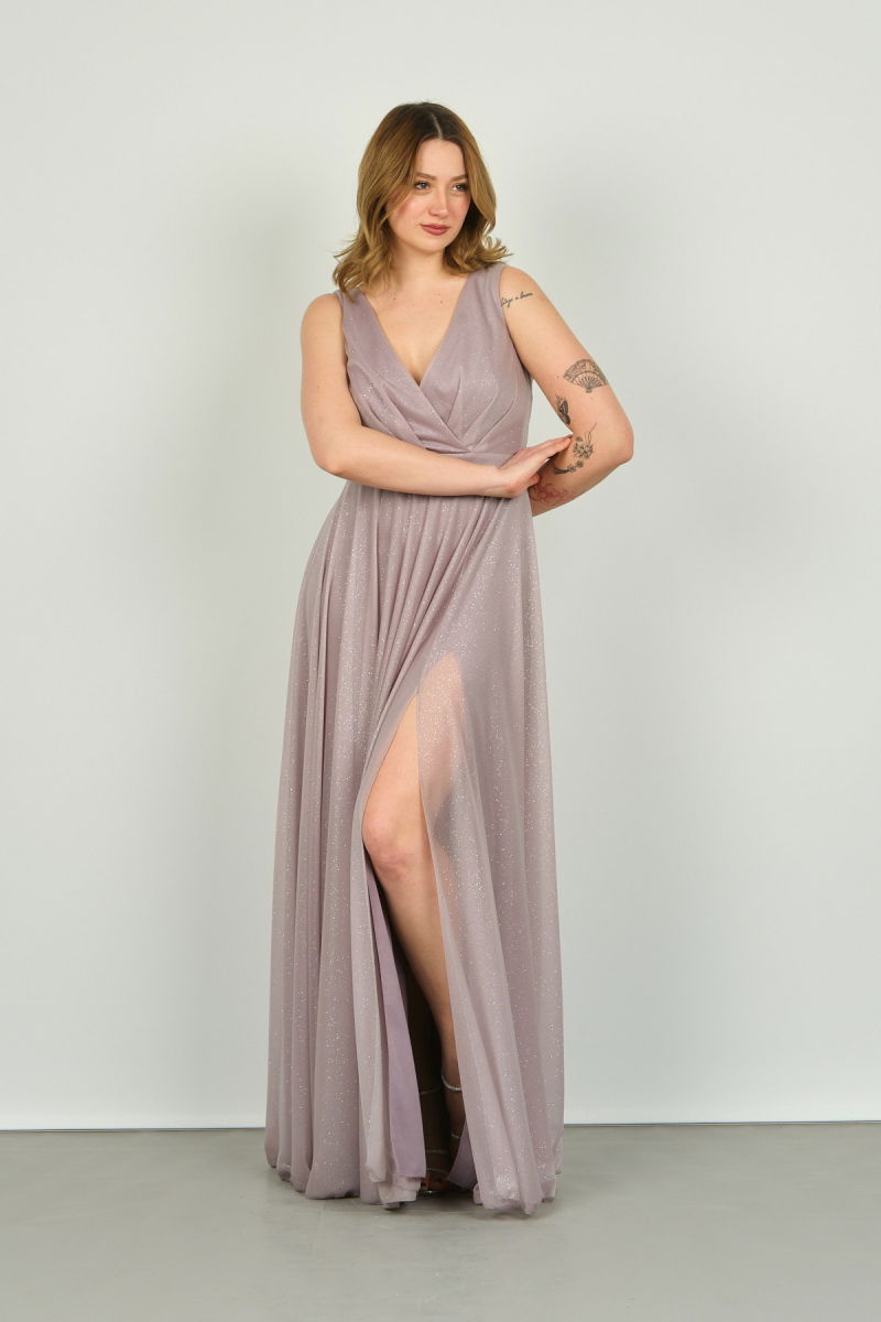 Doridorca Kadın Sırt Bağlama Detaylı Simli Uzun Abiye Elbise 1182 Vizon - 3