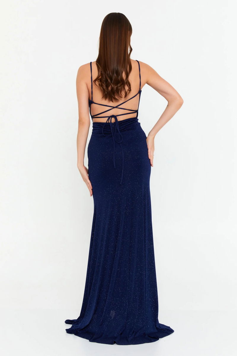 Doridorca Kadın Sırt Dekolteli Simli Uzun Abiye Elbise 7147 Lacivert - 4