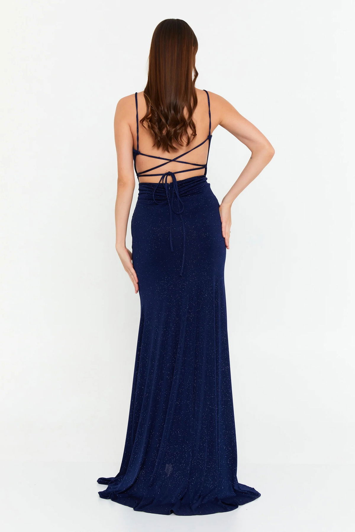 Doridorca Kadın Sırt Dekolteli Simli Uzun Abiye Elbise 7147 Lacivert - 4