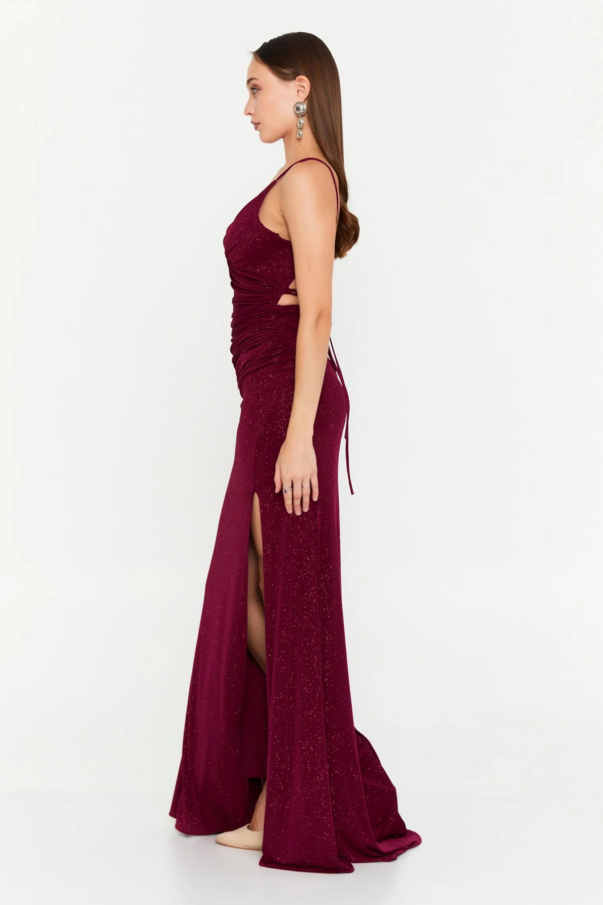 Doridorca Kadın Sırt Dekolteli Simli Uzun Abiye Elbise 7147 Vişne - 2