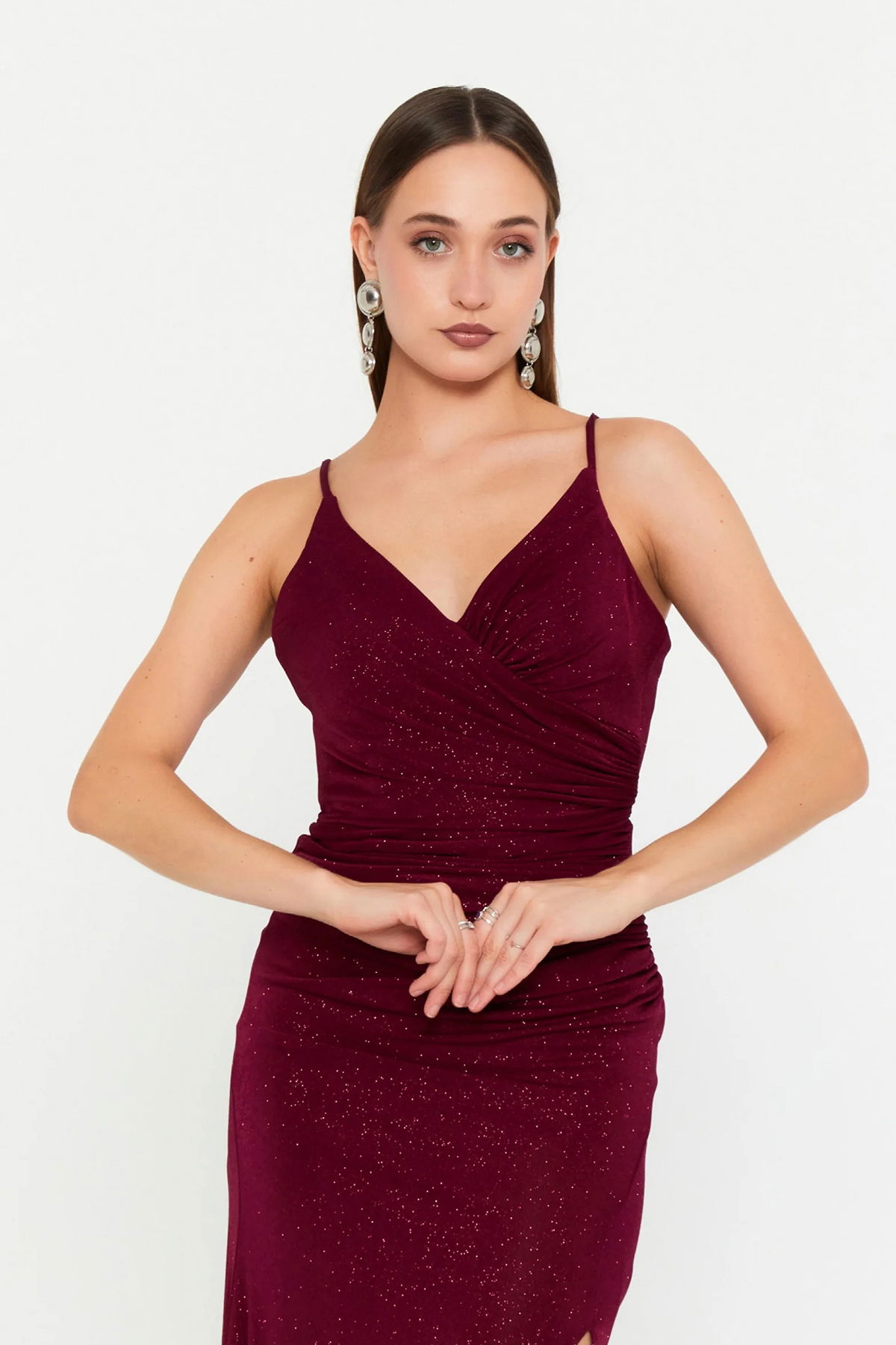 Doridorca Kadın Sırt Dekolteli Simli Uzun Abiye Elbise 7147 Vişne - 3