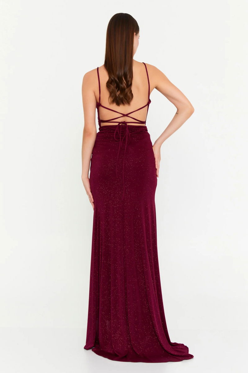 Doridorca Kadın Sırt Dekolteli Simli Uzun Abiye Elbise 7147 Vişne - 4