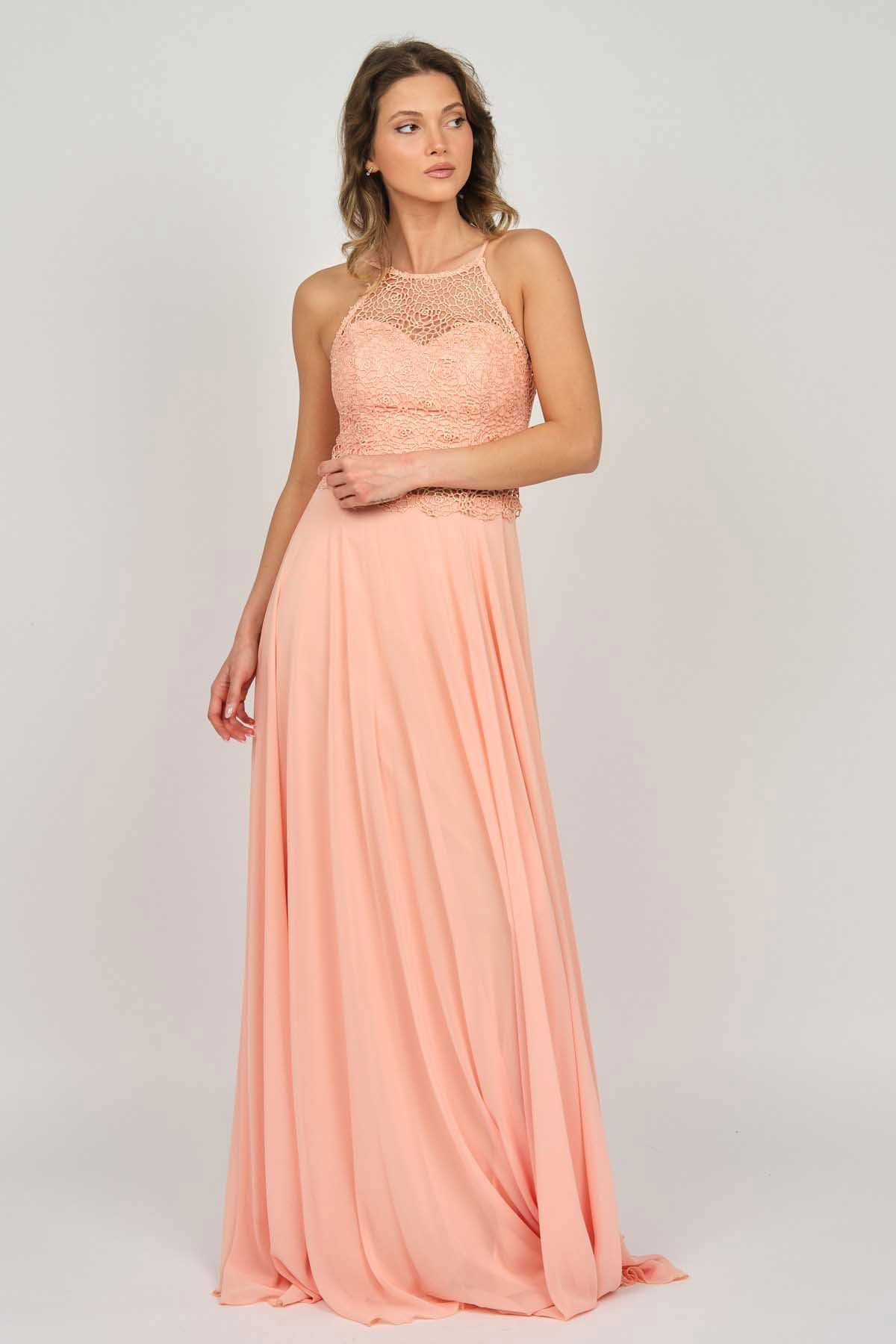 Doridorca Kadın Sırt Detaylı Dantelli Abiye Elbise 5928042 Somon - 7