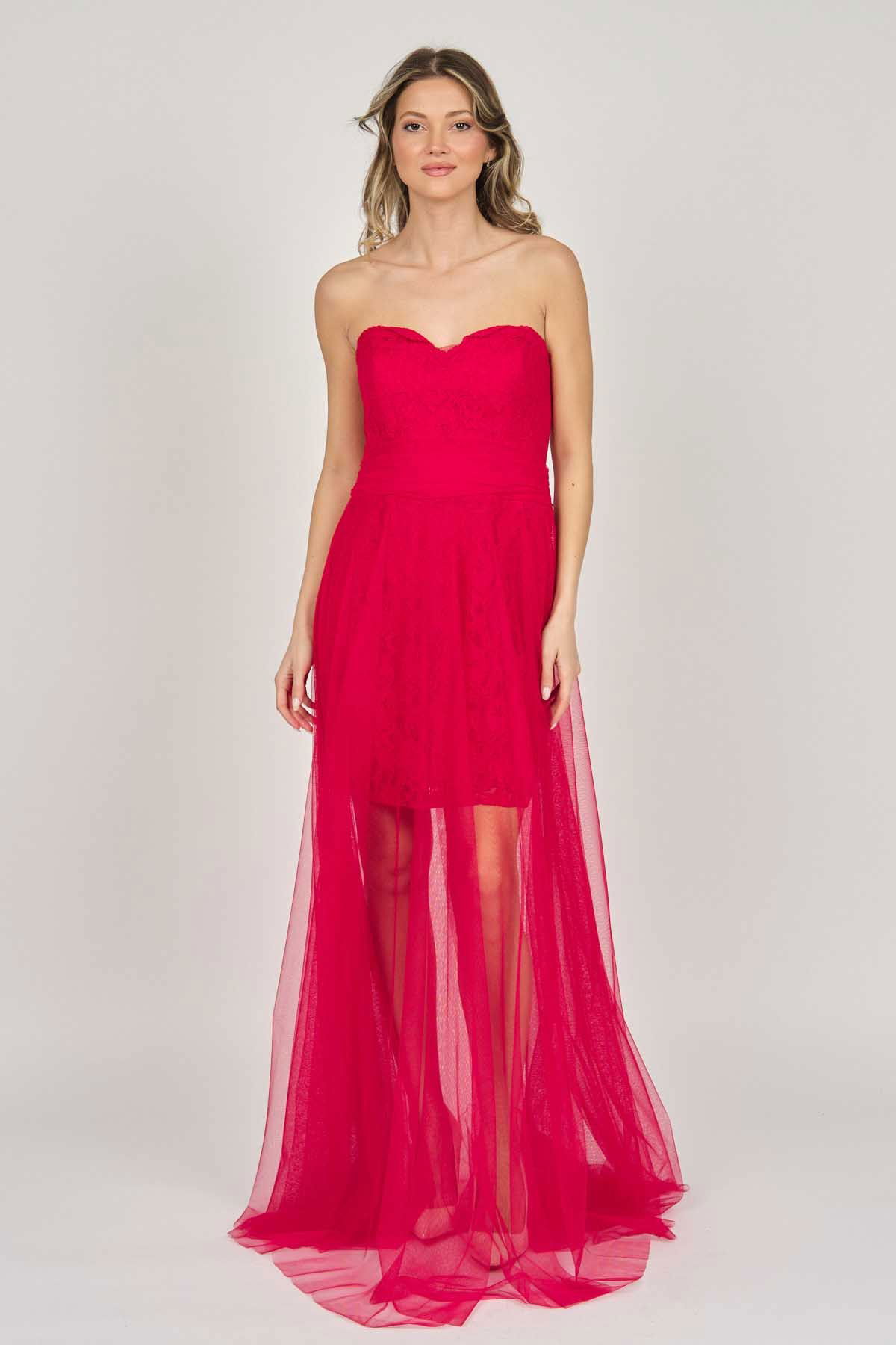 Doridorca Kadın Straplez Abiye Elbise 5927068 Kırmızı - 1