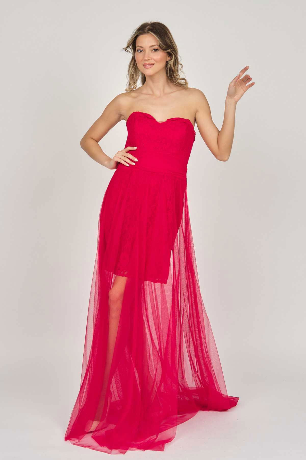 Doridorca Kadın Straplez Abiye Elbise 5927068 Kırmızı - 7