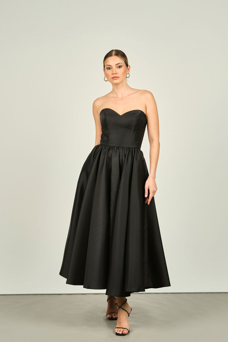 Doridorca Kadın Straplez Bilek Boy Saten Abiye Elbise 6064 Siyah - Doridorca