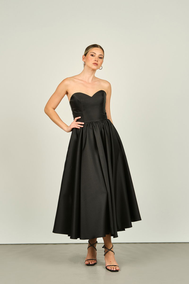 Doridorca Kadın Straplez Bilek Boy Saten Abiye Elbise 6064 Siyah - 2