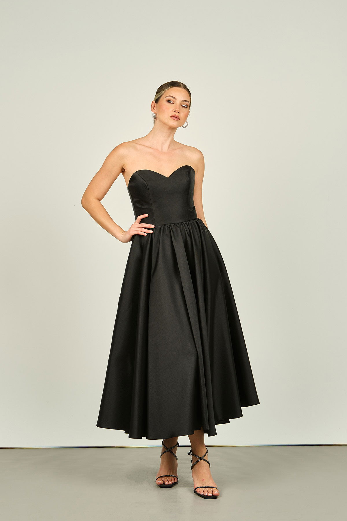 Doridorca Kadın Straplez Bilek Boy Saten Abiye Elbise 6064 Siyah - 2