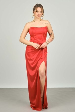 Doridorca Kadın Straplez Derin Yırtmaçlı Uzun Abiye Elbise 5062 Kırmızı - 1