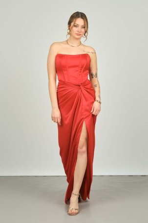 Doridorca Kadın Straplez Derin Yırtmaçlı Uzun Abiye Elbise 5062 Kırmızı - 2