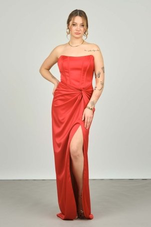 Doridorca Kadın Straplez Derin Yırtmaçlı Uzun Abiye Elbise 5062 Kırmızı - 4