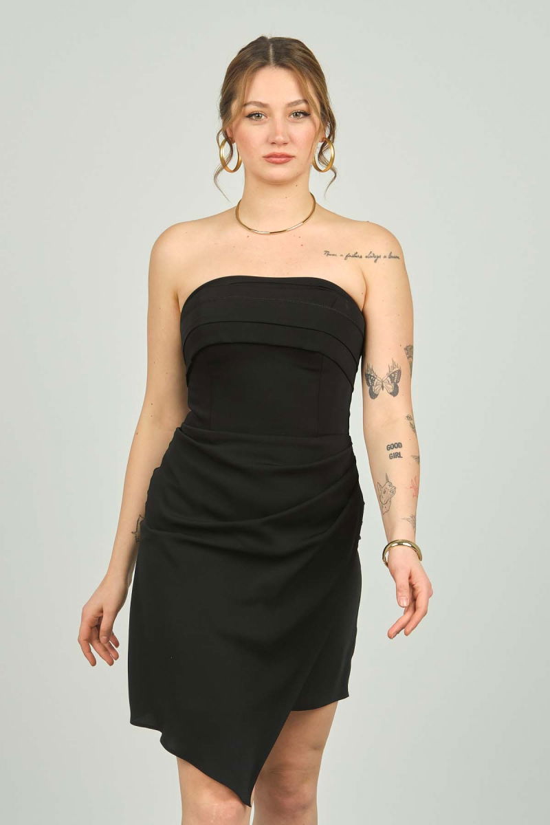 Doridorca Kadın Straplez Eteği Asimetrik Abiye Elbise 6011 Siyah - 3