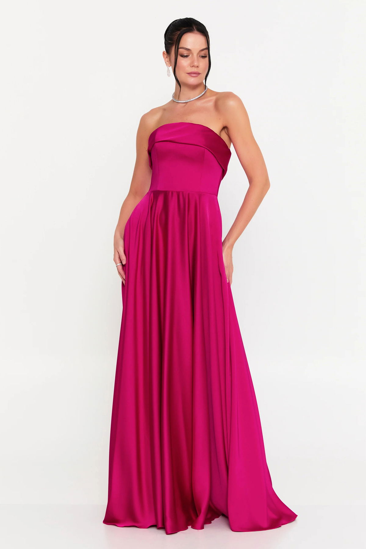 Doridorca Kadın Straplez Kloş Uzun Abiye Elbise 7102 Fuşya - 1