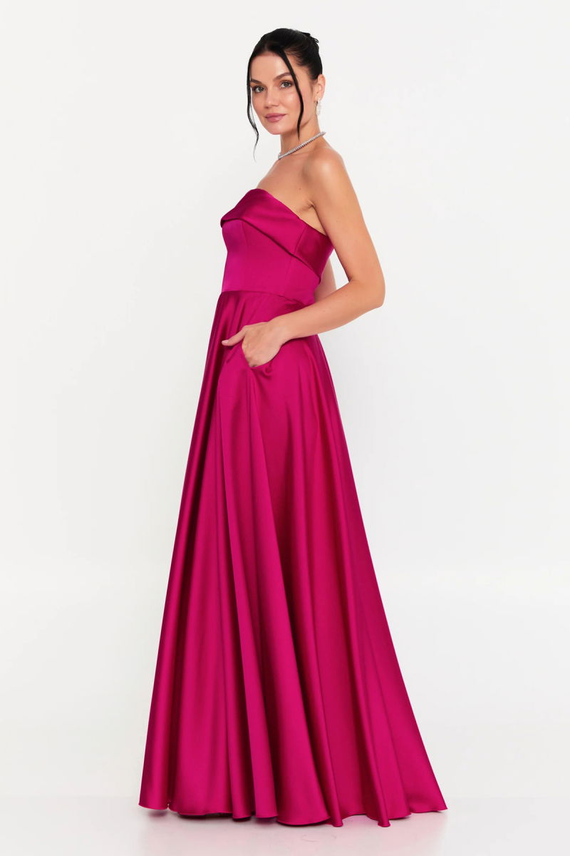 Doridorca Kadın Straplez Kloş Uzun Abiye Elbise 7102 Fuşya - 2