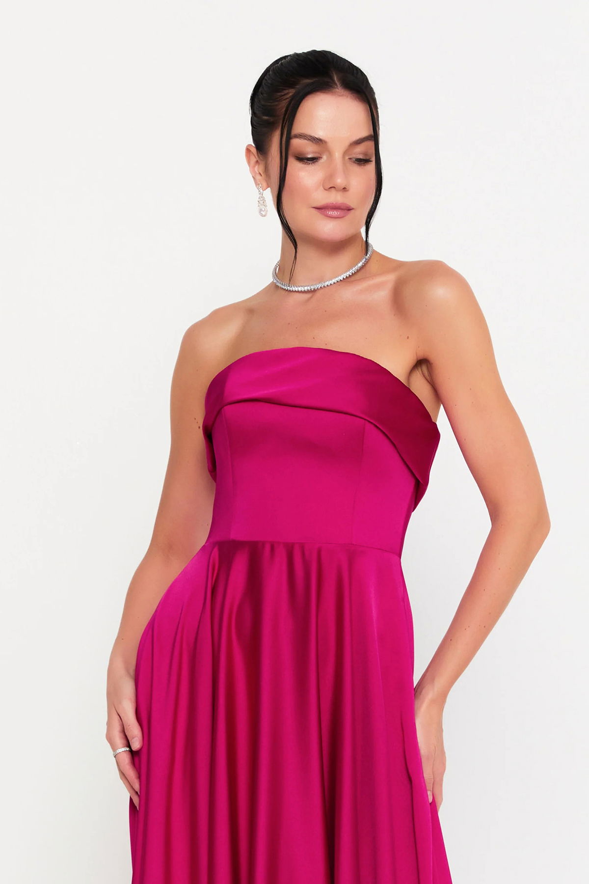 Doridorca Kadın Straplez Kloş Uzun Abiye Elbise 7102 Fuşya - 3