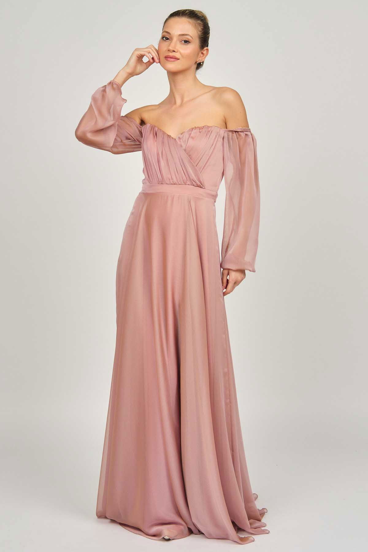 Doridorca Kadın Straplez Kollu Abiye Elbise 5923076 Pudra - 3