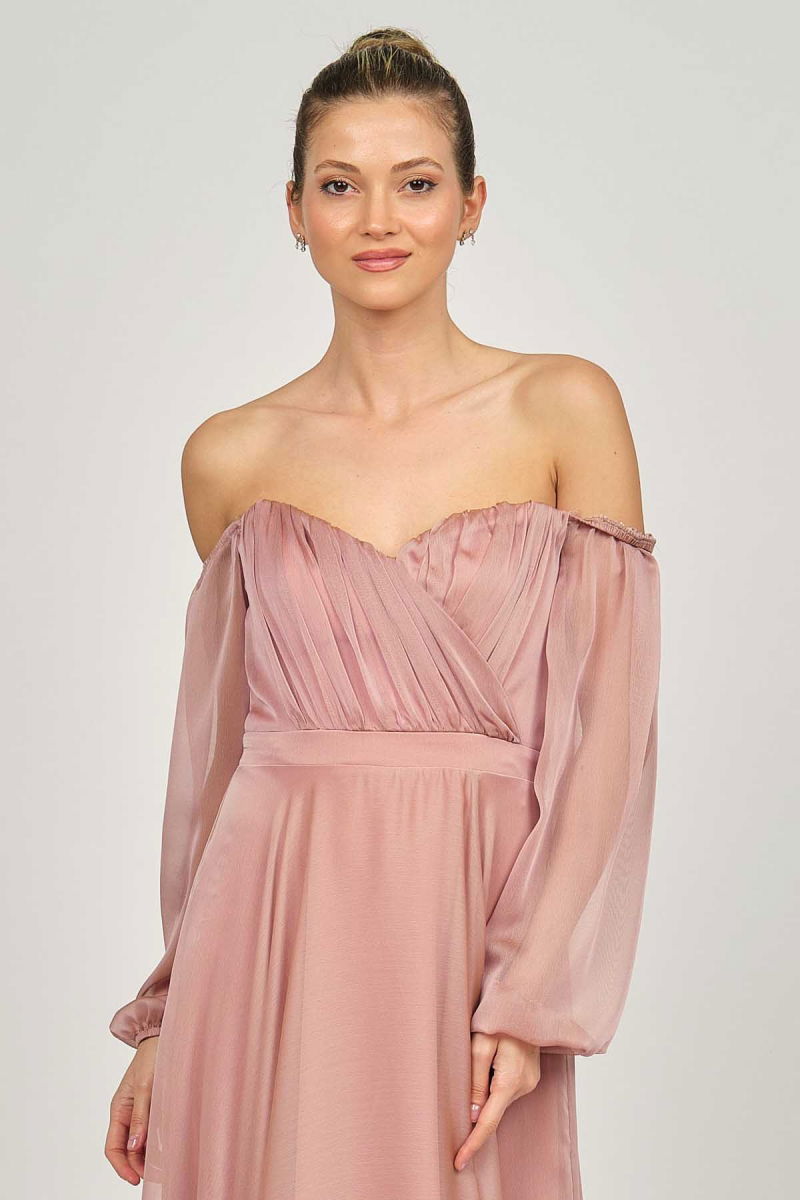 Doridorca Kadın Straplez Kollu Abiye Elbise 5923076 Pudra - 4