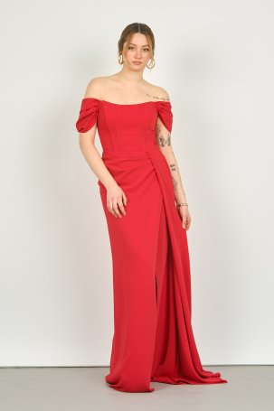 Doridorca Kadın Straplez Korseli Kol Detaylı Derin Yırtmaçlı Uzun Abiye Elbise 5136 Kırmızı - 1