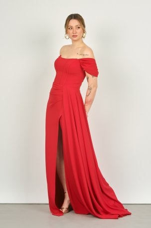 Doridorca Kadın Straplez Korseli Kol Detaylı Derin Yırtmaçlı Uzun Abiye Elbise 5136 Kırmızı - 3