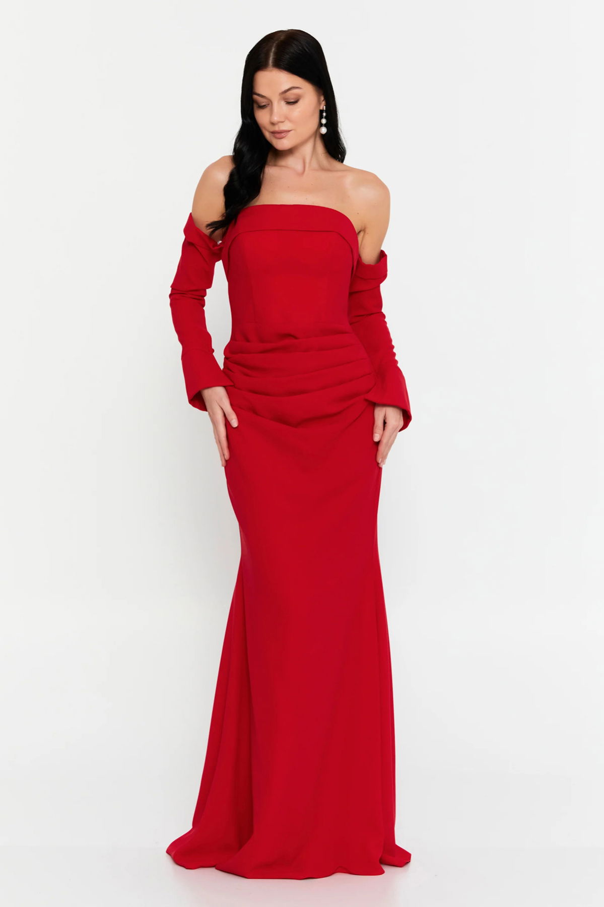 Doridorca Kadın Straplez Seyyar Eldivenli Uzun Abiye Elbise 7145 Kırmızı - 1