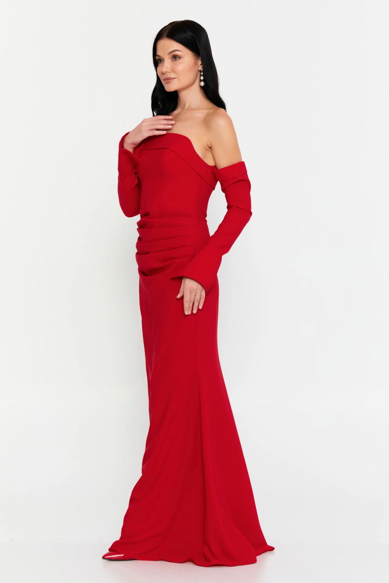 Doridorca Kadın Straplez Seyyar Eldivenli Uzun Abiye Elbise 7145 Kırmızı - 2