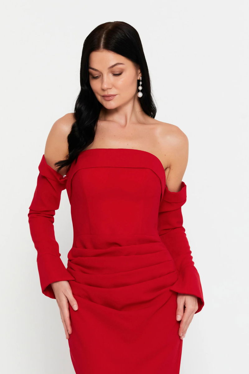 Doridorca Kadın Straplez Seyyar Eldivenli Uzun Abiye Elbise 7145 Kırmızı - 3