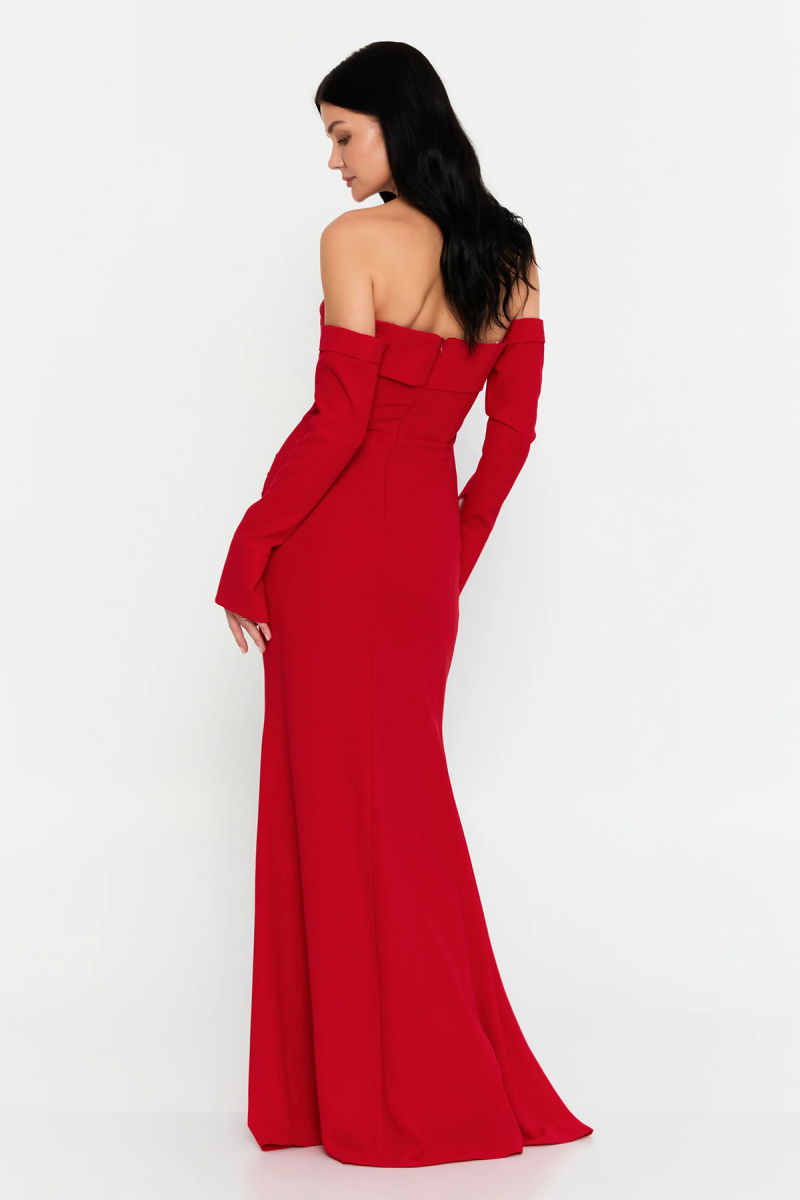 Doridorca Kadın Straplez Seyyar Eldivenli Uzun Abiye Elbise 7145 Kırmızı - 4