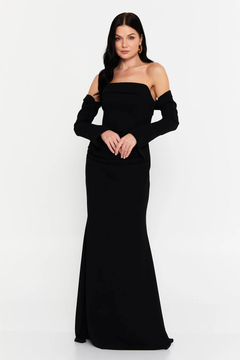 Doridorca Kadın Straplez Seyyar Eldivenli Uzun Abiye Elbise 7145 Siyah - Doridorca