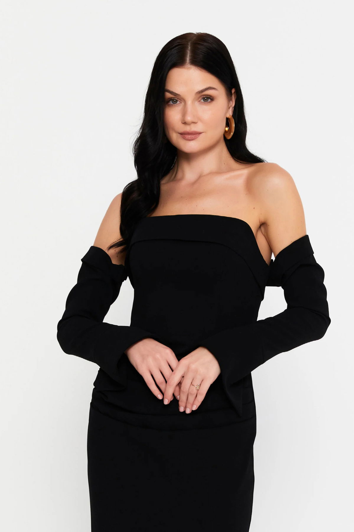 Doridorca Kadın Straplez Seyyar Eldivenli Uzun Abiye Elbise 7145 Siyah - 3