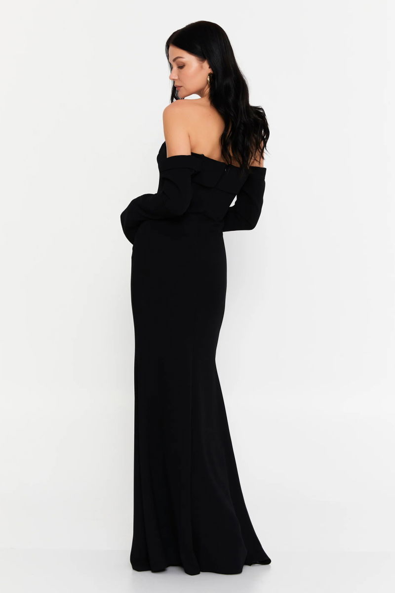 Doridorca Kadın Straplez Seyyar Eldivenli Uzun Abiye Elbise 7145 Siyah - 4