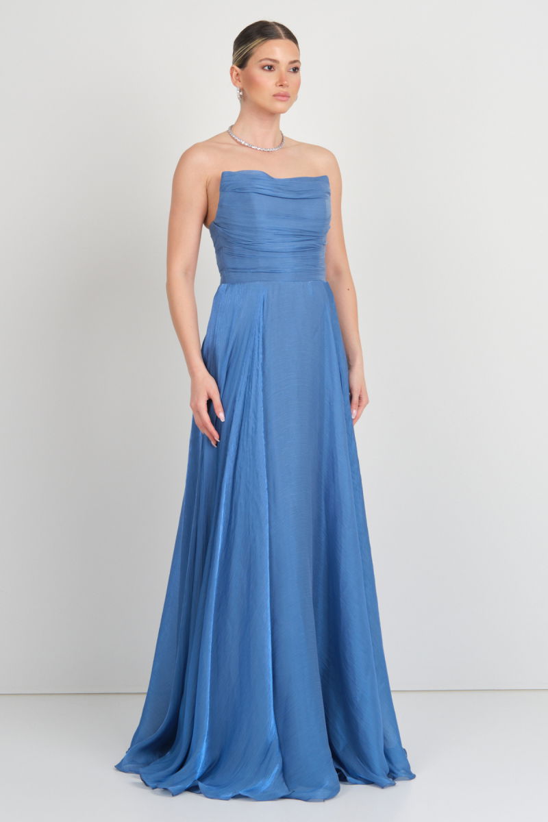Doridorca Kadın Straplez Şifon Maxi Boy Abiye Elbise 7066 Indigo - 3