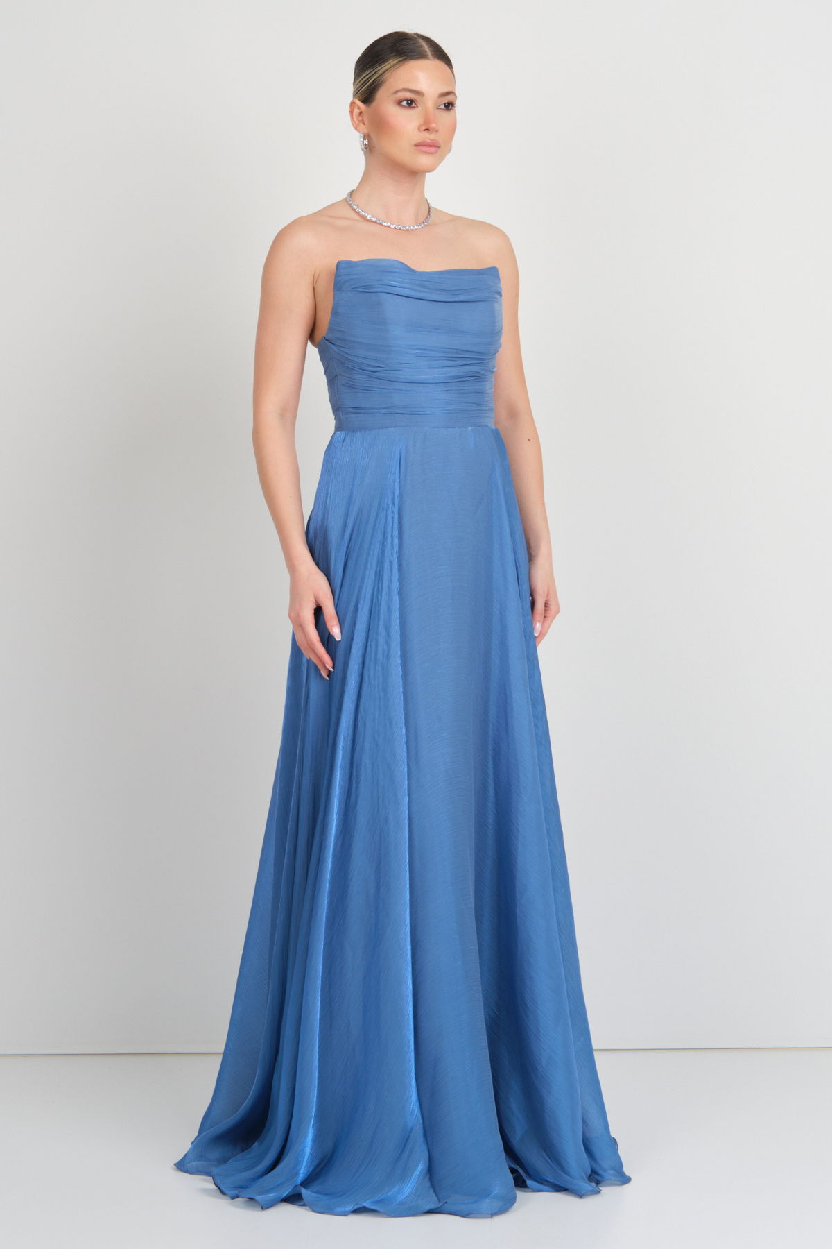Doridorca Kadın Straplez Şifon Maxi Boy Abiye Elbise 7066 Indigo - 3