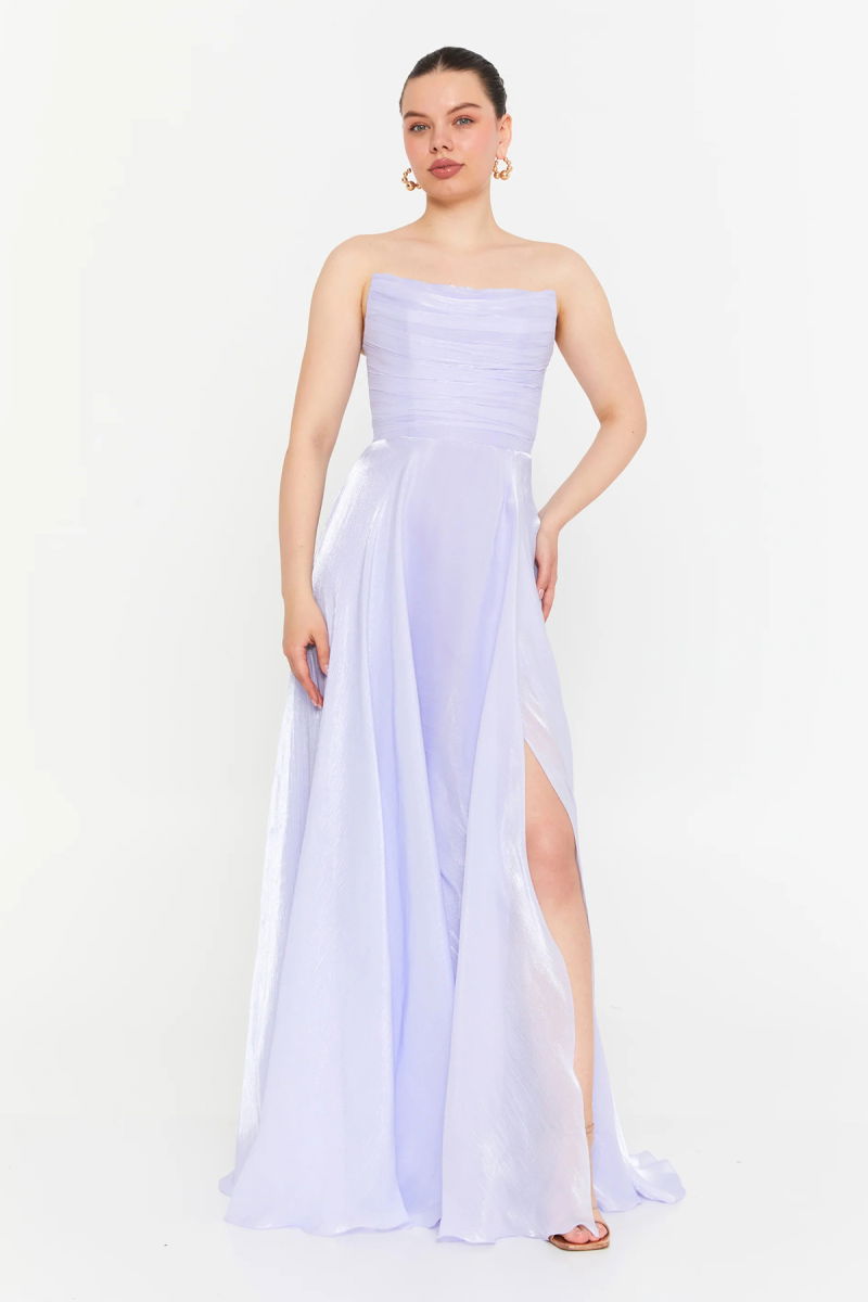 Doridorca Kadın Straplez Şifon Maxi Boy Abiye Elbise 7066 Lila - 1