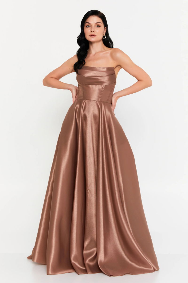 Doridorca Kadın Straplez Tafta Kumaş Uzun Abiye Elbise 7121 Mocha - Doridorca