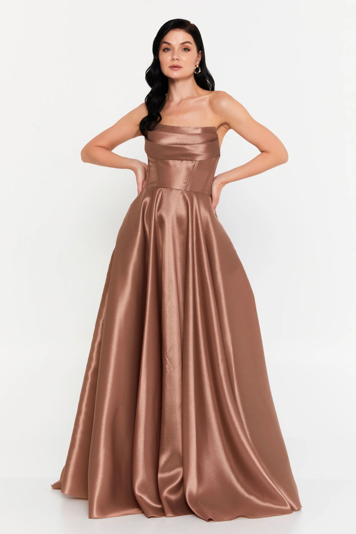 Doridorca Kadın Straplez Tafta Kumaş Uzun Abiye Elbise 7121 Mocha - 1