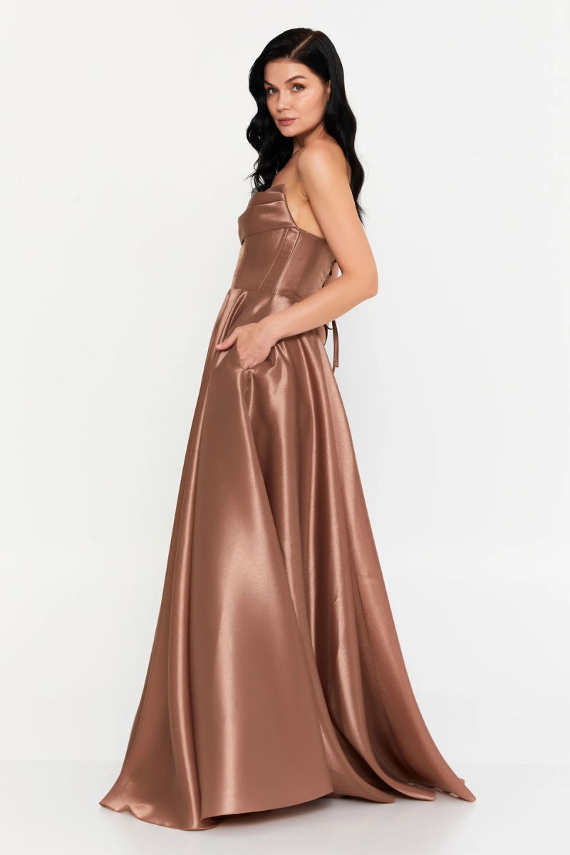 Doridorca Kadın Straplez Tafta Kumaş Uzun Abiye Elbise 7121 Mocha - 2