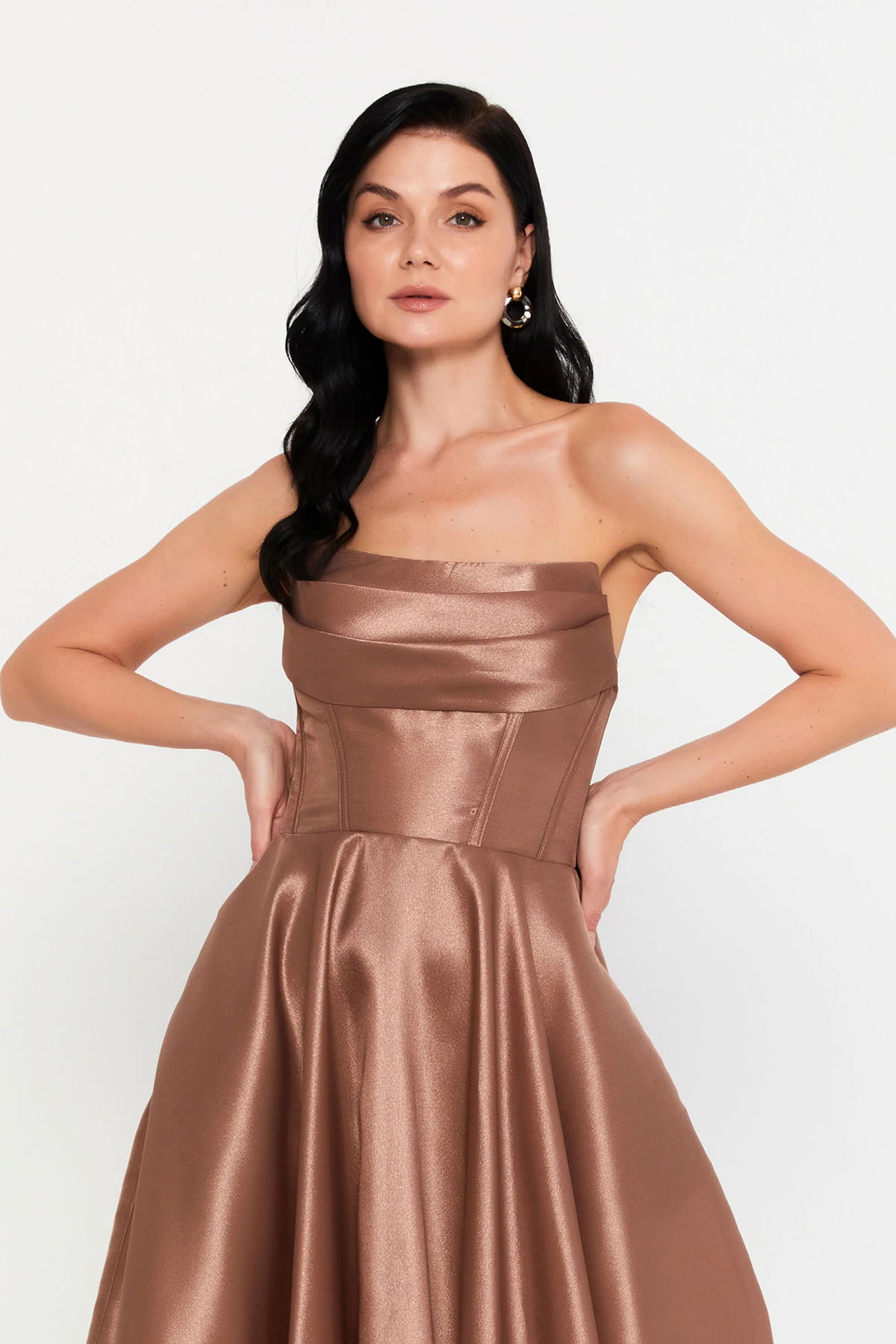 Doridorca Kadın Straplez Tafta Kumaş Uzun Abiye Elbise 7121 Mocha - 3