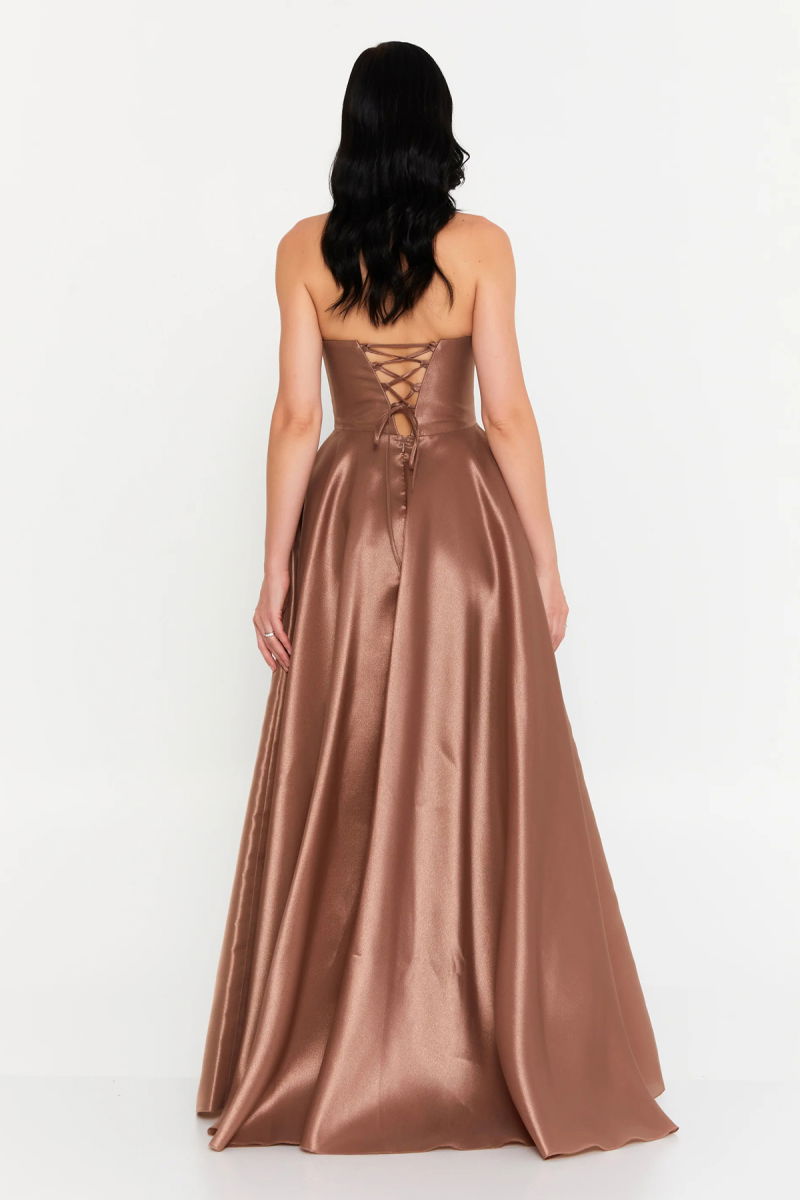 Doridorca Kadın Straplez Tafta Kumaş Uzun Abiye Elbise 7121 Mocha - 4