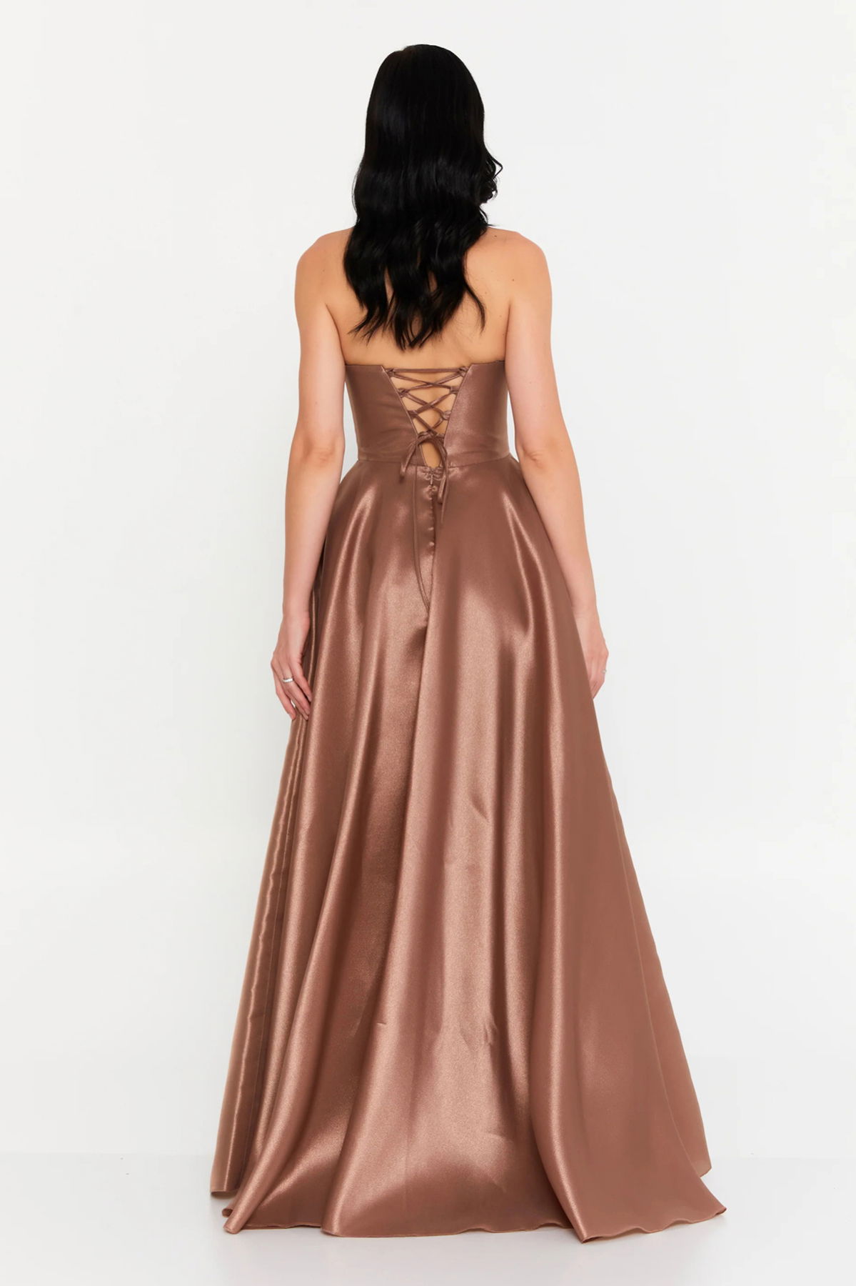 Doridorca Kadın Straplez Tafta Kumaş Uzun Abiye Elbise 7121 Mocha - 4