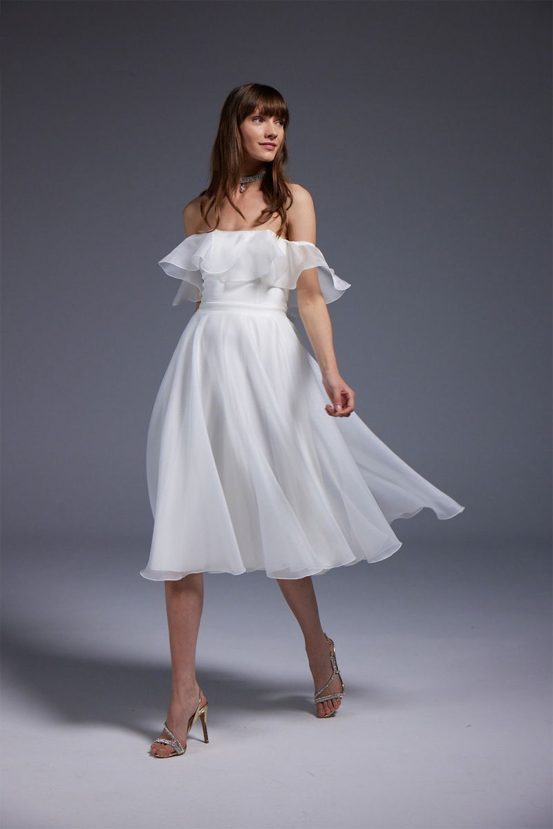 Doridorca Kadın Straplez Yaka Düşük Omuz Midi Boy Abiye Elbise 6013 Beyaz - Doridorca