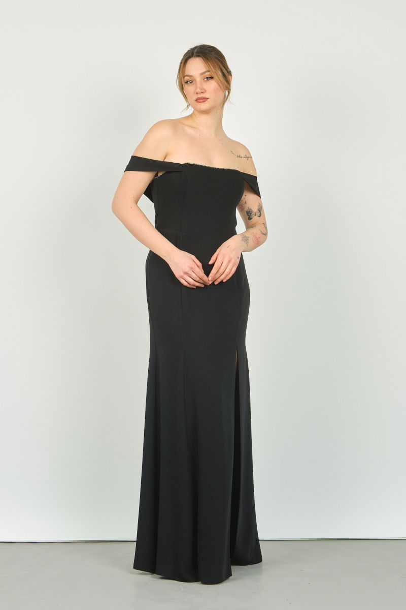 Doridorca Kadın Straplez Yaka Kol Bant Detaylı Uzun Abiye Elbise 5122 Siyah - Doridorca