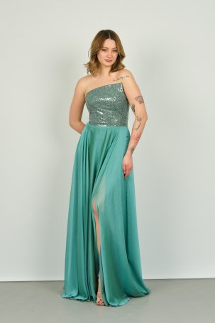 Doridorca Kadın Straplez Yaka Üst Payet Alt Saten Yüzeyli Şifon Abiye Elbise 5091 Mint - 2